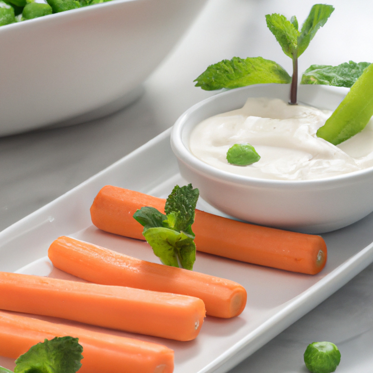 carrot sticks with pea and mint dip