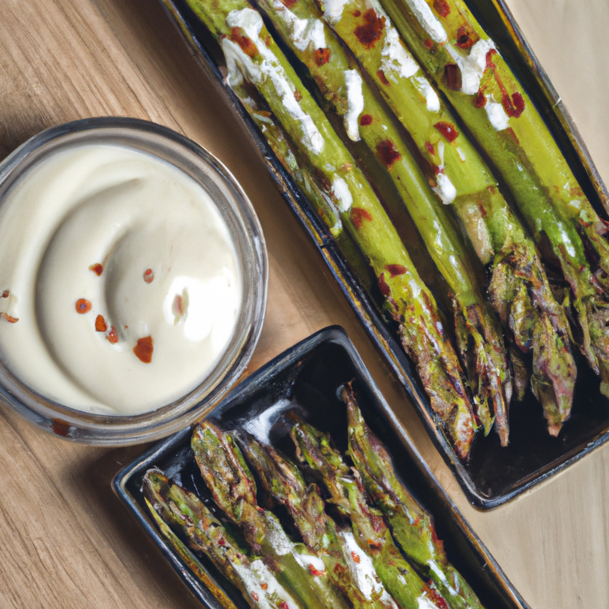 herby asparagus with dipping sauces