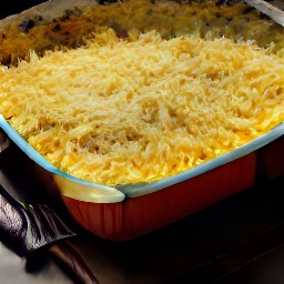 a baked dish with orzo pasta, parmesan cheese, almonds, and breadcrumbs.