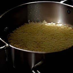 adding salt and orzo pasta to boiling water.