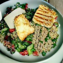 a plate with sauce, italian dressing, and grilled halloumi cheese.