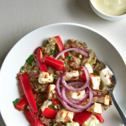 

A delicious, gluten-free, eggs-free, nuts-free and soy free quinoa salad made of Italian vegetables like red onions and bell peppers combined with European cereals such as quinoa and halloumi cheese for a healthy lunch.