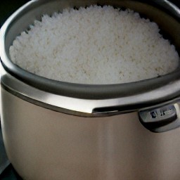 a pot of cooked white rice.