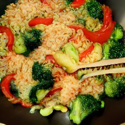 a stir-fry with sunflower oil, garlic puree, chopped bell pepper, broccoli florets, and white rice.
