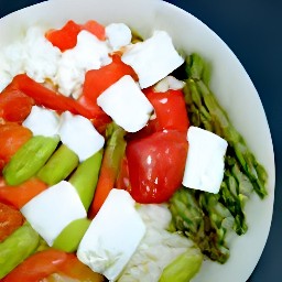a large bowl of cool asparagus-rice, chopped pepper, lemon zest, lemons juice, olive oil, feta cheese and shredded spearmint.