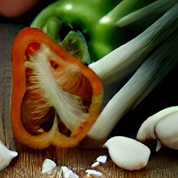 bell peppers that are cut in half and have their seeds removed, garlic cloves that are peeled and chopped finely, and spring onions that are cut diagonally.