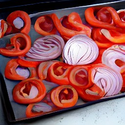 roasted onion slices, bell pepper wedges, garlic, and zucchini halves.