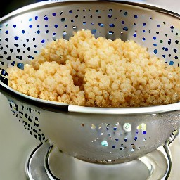 the cooked quinoa is drained in a colander.
