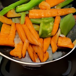 a pan containing chopped basil, red bell pepper strips, chopped tomatoes, carrots strips, and green bell peppers strips. the pan also contains 1 tsp of olive oil and 1 tsp of salt.