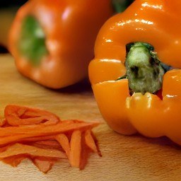 four vegetables cut into strips - two bell peppers, tomatoes, and carrots.