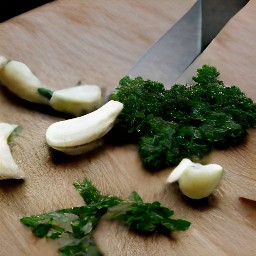chopped parsley, destalked portabella mushrooms, cut destalked portabella mushrooms, peeled garlic, and cut peeled garlic thinly.