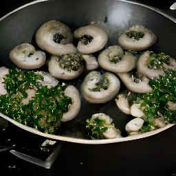 the portabella mushrooms are cooked with garlic and olive oil. they are then covered and cooked on low heat for 2 minutes before being transferred to a plate.