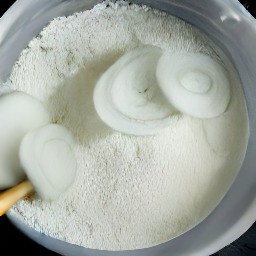 a bowl of flour with onion slices in it.