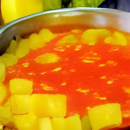 a thickened sauce with red and green bell peppers.