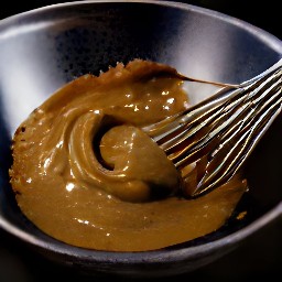 a bowl of crunchy peanut butter with soy sauce, crushed flakes, cayenne pepper, peanut oil, sesame oil, and granulated sugar.