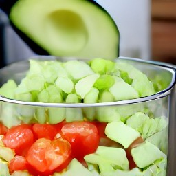 a smooth mixture of chopped avocados, tomatoes and onion with a quarter tsp of salt, black pepper, lemon juice and olive oil.