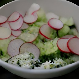 a salad bowl containing lettuce, radishes, cucumbers, sweet onions and crumbled blue cheese.