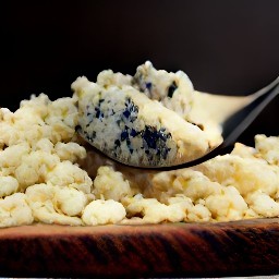 the blue cheese is crumbled into small pieces using a spoon.