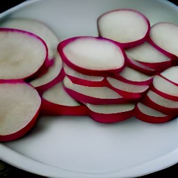 thinly sliced radishes and cucumbers, and peeled and sliced sweet onions.