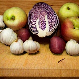 the output is a bowl of finely shredded red cabbage, halved and deseeded apples cut into wedges, peeled and chopped onions, and garlic.
