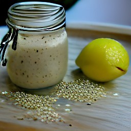 the tahini mixture is transferred to a glass jar, the jar is covered with its lid, and the mixture is chilled in the fridge.