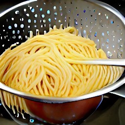 the spaghetti is drained of water in a colander.