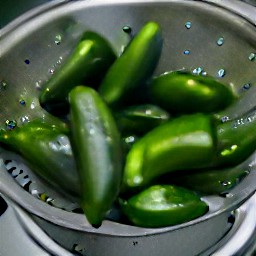 the jalapeno peppers are rinsed and drained in a colander.