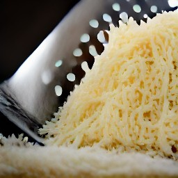 the parmesan cheese is shredded into small pieces using a grater.