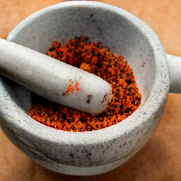 the roasted red bell peppers are crushed using a mortar.