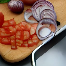 a bowl of chopped red onions, tomatoes, and basil leaves.