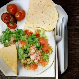 a platter with runner bean flour tortillas and tomatoes salad, topped with grated parmesan cheese.