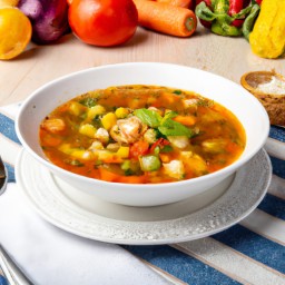 

Veggie minestrone soup is a vegan, eggs-free, nuts-free, soy- and lactose-free Italian dinner/lunch dish made with onions, zucchini carrots kidney beans tomatoes and ditalini pasta. Delicious!