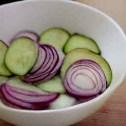 a bowl of cucumber and onion slices sprinkled with dried dill.