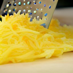 the cheddar cheese in small pieces after being shredded with a grater.