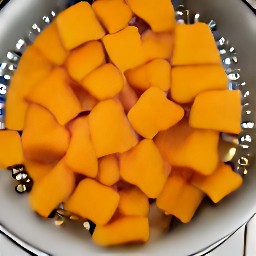 the steamed butternut squash is drained in a colander.