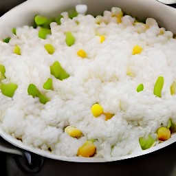 a mixture of chopped celery sticks, snow peas, yellow corn, and chopped onions in a saucepan.
