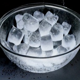 a bowl of water with ice cubes in it.