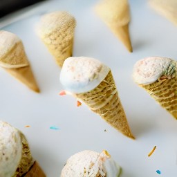 the cake batter divided evenly among the ice cream cones, and they laid on a baking sheet.