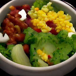 a salad with kidney beans, corn, tomatoes, onion, green chili pepper, taco seasoning and sour cream. the salad also has shredded lettuce, endive leaves and cucumber mixed in.