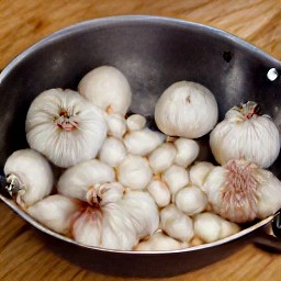 a pan of garlic and onions that are trimmed, mixed with olive oil and spices, and ready to be baked.