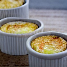 the cheese and egg souffle is taken out of the oven.