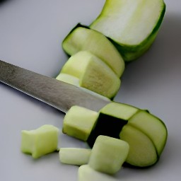 the potatoes are cut in half, the zucchini is cut in chunks, the yellow bell peppers are cut, the red bell peppers are sliced, and the spring onions and garlic cloves are peeled.