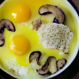 a bowl of whisked eggs with portabello mushrooms, all-purpose flour, breadcrumbs, onions, black pepper, and salt.