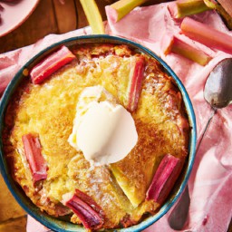 

Rhubarb crisp is a delicious European dessert that is free of soy and nuts. It consists of baked rhubarb, granulated sugar, eggs, butter, brown sugar and vanilla ice cream for an irresistible tart-like treat.