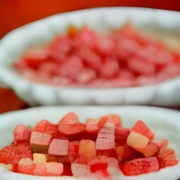 the rhubarb mixture is transferred into 2 pie plates.