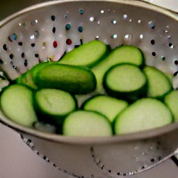 the cucumbers are drained in a colander.