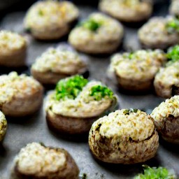 the portabello mushrooms are placed on a baking sheet, cap-side up. they are drizzled with olive oil and seasoned with black pepper and salt. the cheese mixture is added to the mushrooms and spread evenly over them with a