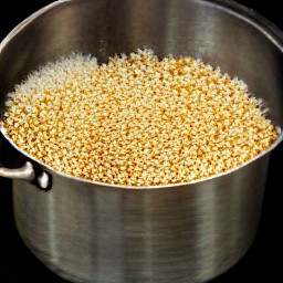 a pot of popcorn kernels, vegetable oil, and granulated sugar.