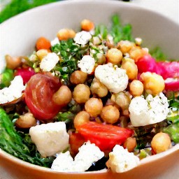 a bowl of chickpeas, tomatoes, red bell pepper pieces, thyme leaves, chopped parsley, and cumin vinaigrette mixed together and sprinkled with salt and black pepper. crumbled fet