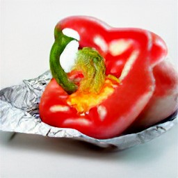 a red bell pepper in aluminum foil that has been drizzled with olive oil and sprinkled with salt.